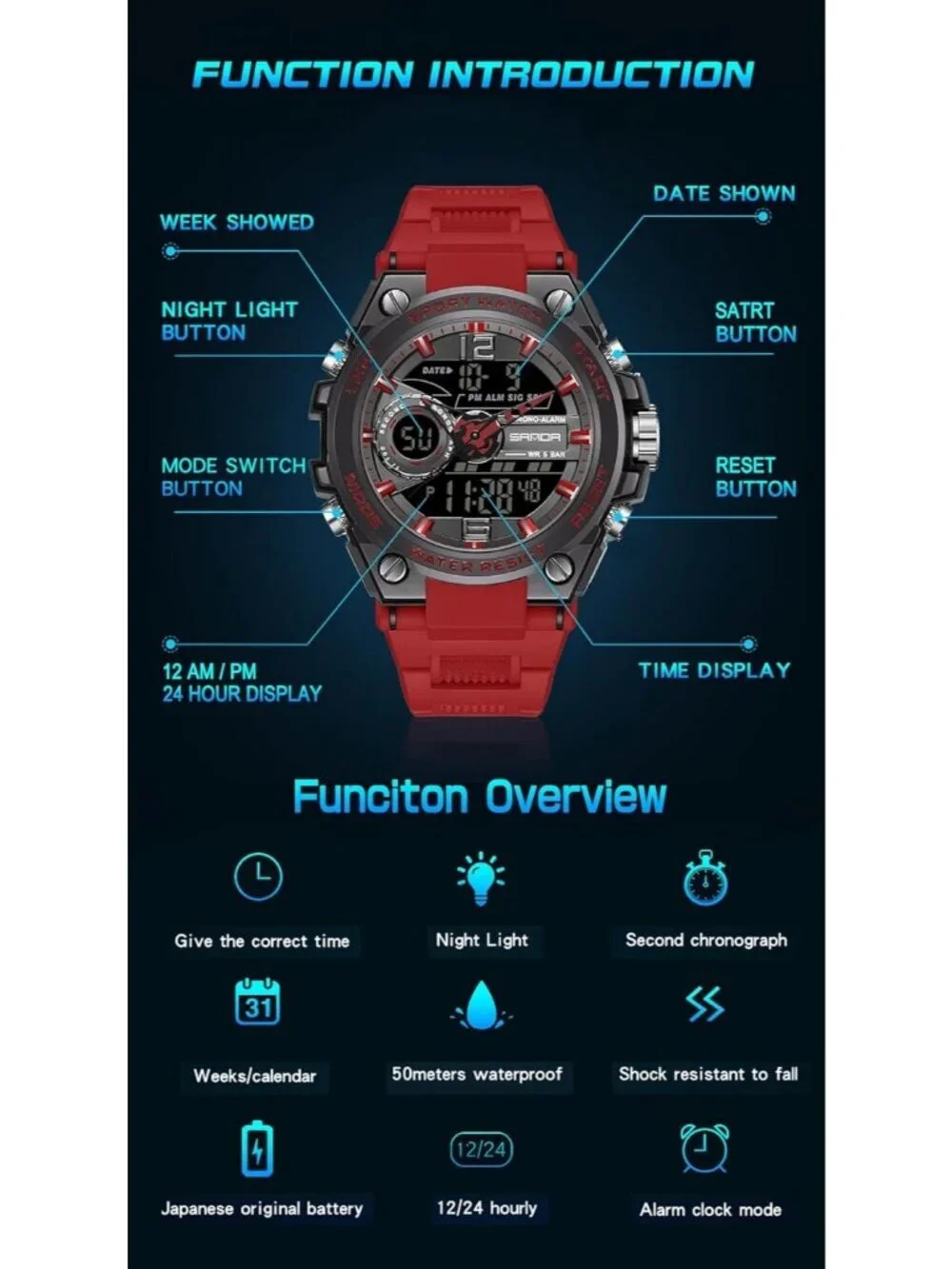 Men's Red And Black Analog Quartz Sports Waterproof Military LED Digital Watch